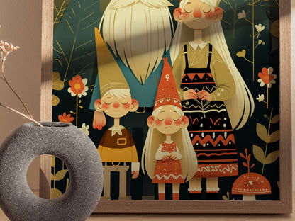 Gnome Family Poster | Cute Fantasy Gnome Lover Wall Art | Framed or Unframed
