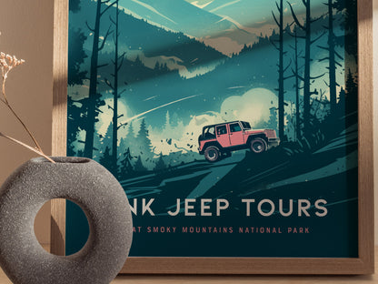 A framed poster features a vibrant pink jeep driving through a rugged, misty landscape with tall trees and mountains in the background, labeled Pink Jeep Tours for the Great Smoky Mountains National Park.
