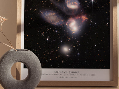 Framed poster of Stephan's Quintet galaxy with a decorative stone object on a neutral background
