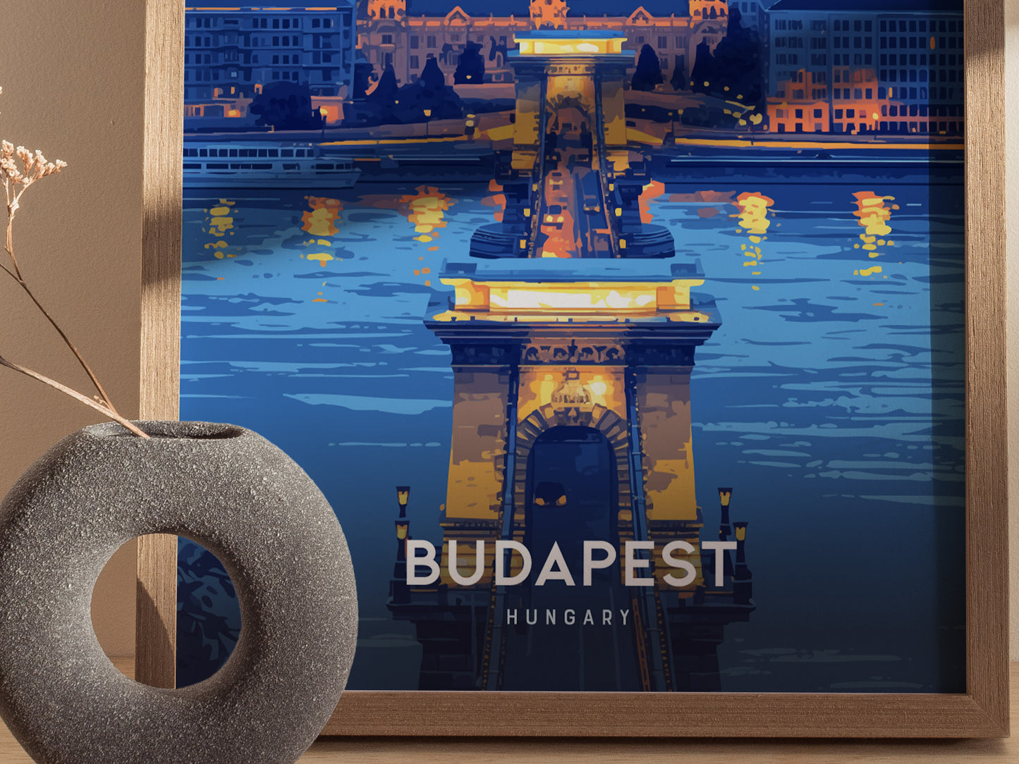 Budapest Chain Bridge Poster | Hungary Travel Print Wall Art | Framed or Unframed