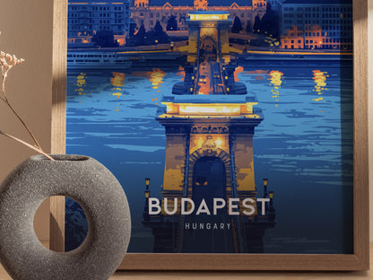 Budapest Chain Bridge Poster | Hungary Travel Print Wall Art | Framed or Unframed
