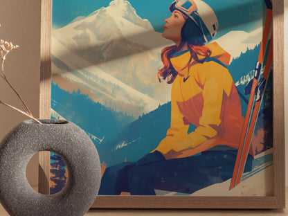 A vibrant poster depicts a woman in a yellow jacket and helmet, seated with skis, gazing thoughtfully at a snow-covered mountain peak under a clear blue sky.