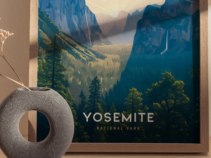 Close up of Yosemite National Park poster showing El Capitan, Half Dome, and layered granite cliffs