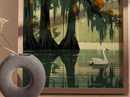 A framed artwork depicts a serene lake scene with a white swan gliding on calm water, surrounded by lush trees. A textured gray vase sits nearby.