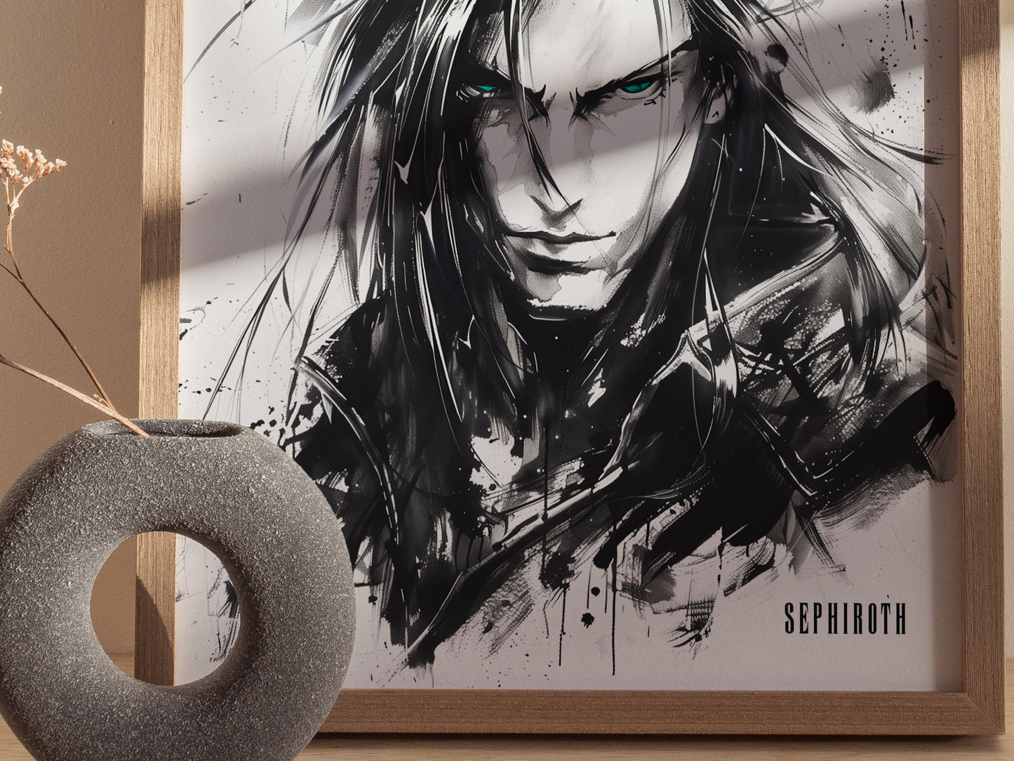 A black and white poster features a striking illustration of a character with long hair and intense eyes. Beside the poster is a round, textured vase with dried flowers.