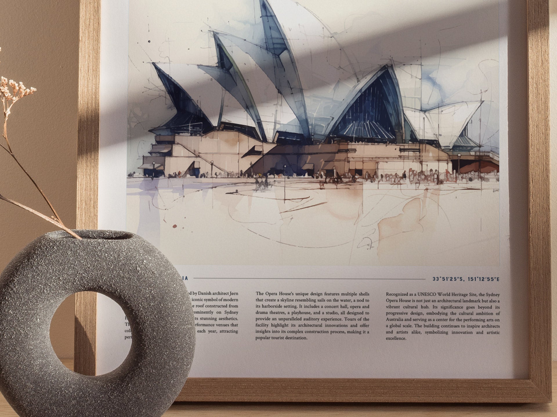 A framed poster of the Sydney Opera House in watercolor style is displayed, with a round gray vase holding dried flowers in the foreground.