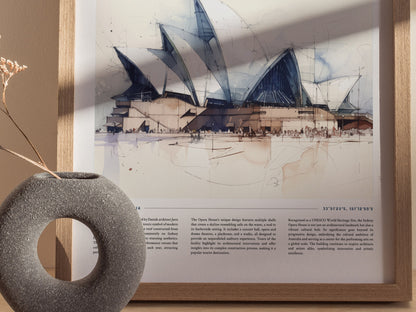 A framed poster of the Sydney Opera House in watercolor style is displayed, with a round gray vase holding dried flowers in the foreground.