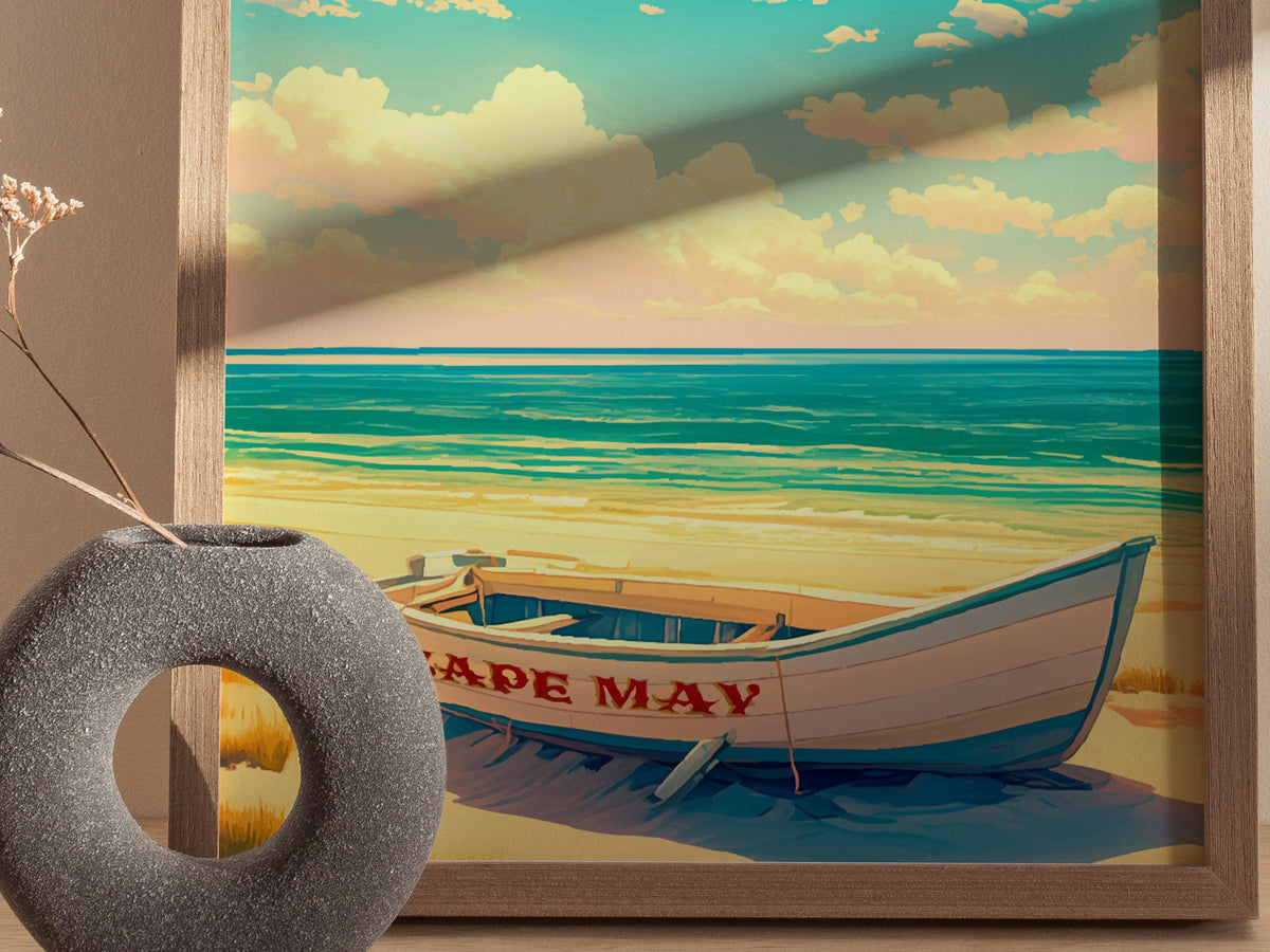 Cape May Beach, New Jersey Poster | Victorian Shore & Sunset Coastal Beach Decor — styled in a modern interior