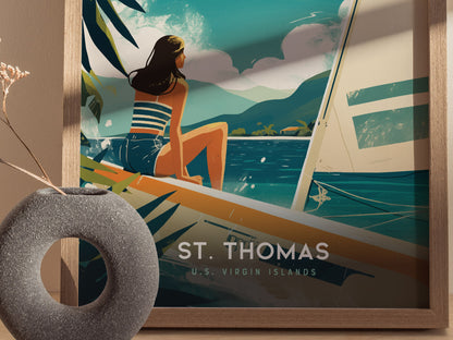 A woman in a striped top and shorts sits on a sailboat, gazing at the turquoise waters and lush mountains of St. Thomas, U.S. Virgin Islands.