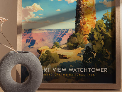 A framed poster depicts the Desert View Watchtower against a vibrant Grand Canyon landscape, with a textured gray vase in the foreground.