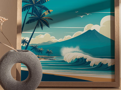 A vibrant poster features a coastal scene with palm trees, crashing waves, a volcanic mountain, and seagulls in the sky, framed by light wood. A textured vase sits nearby.