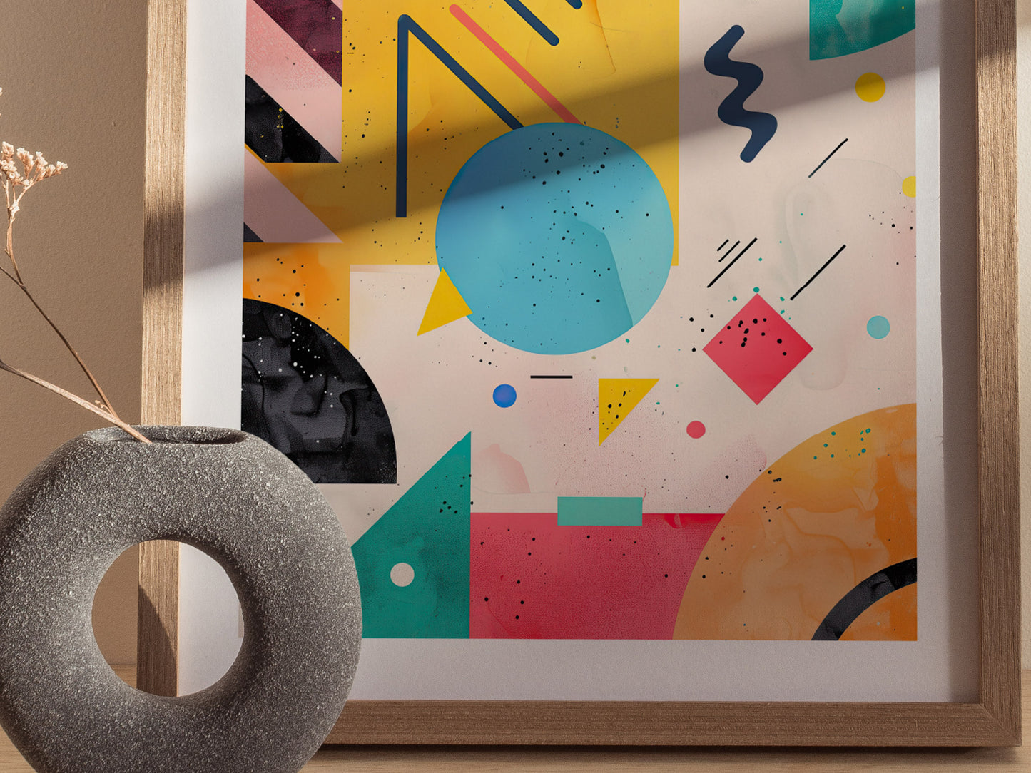 A framed abstract poster featuring colorful geometric shapes like circles, triangles, and squares in vibrant hues. A textured gray vase with dried flowers sits in front of the poster.