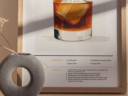 A framed poster features an illustration of an Old Fashioned cocktail with visible ingredients and preparation steps. A textured circular vase with dried flowers is in the foreground.