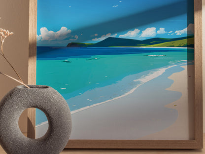 A framed poster of a serene beach scene with turquoise waters and a sandy shore, displayed behind a textured circular vase with dried flowers.