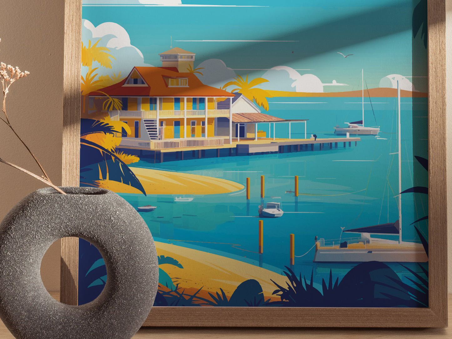 A vibrant poster depicts a tropical seaside scene with a colorful house, palm trees, and boats on turquoise water. A modern, decorative vase is placed in front of the artwork.