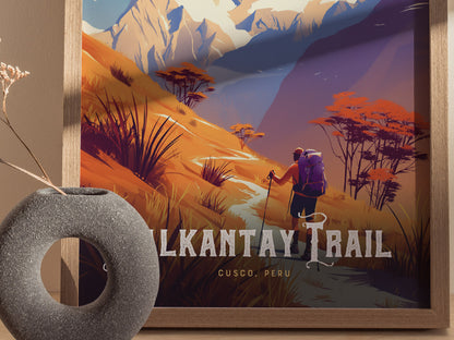 A vibrant poster of the Salkantay Trail depicts a hiker with a backpack walking through colorful Andean landscapes. Snow-capped mountains and orange-hued trees create a dramatic backdrop.