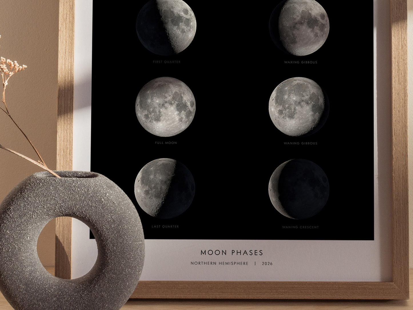 A framed poster displays the eight phases of the Moon, including new moon, waxing crescent, first quarter, waxing gibbous, full moon, waning gibbous, last quarter, and waning crescent.