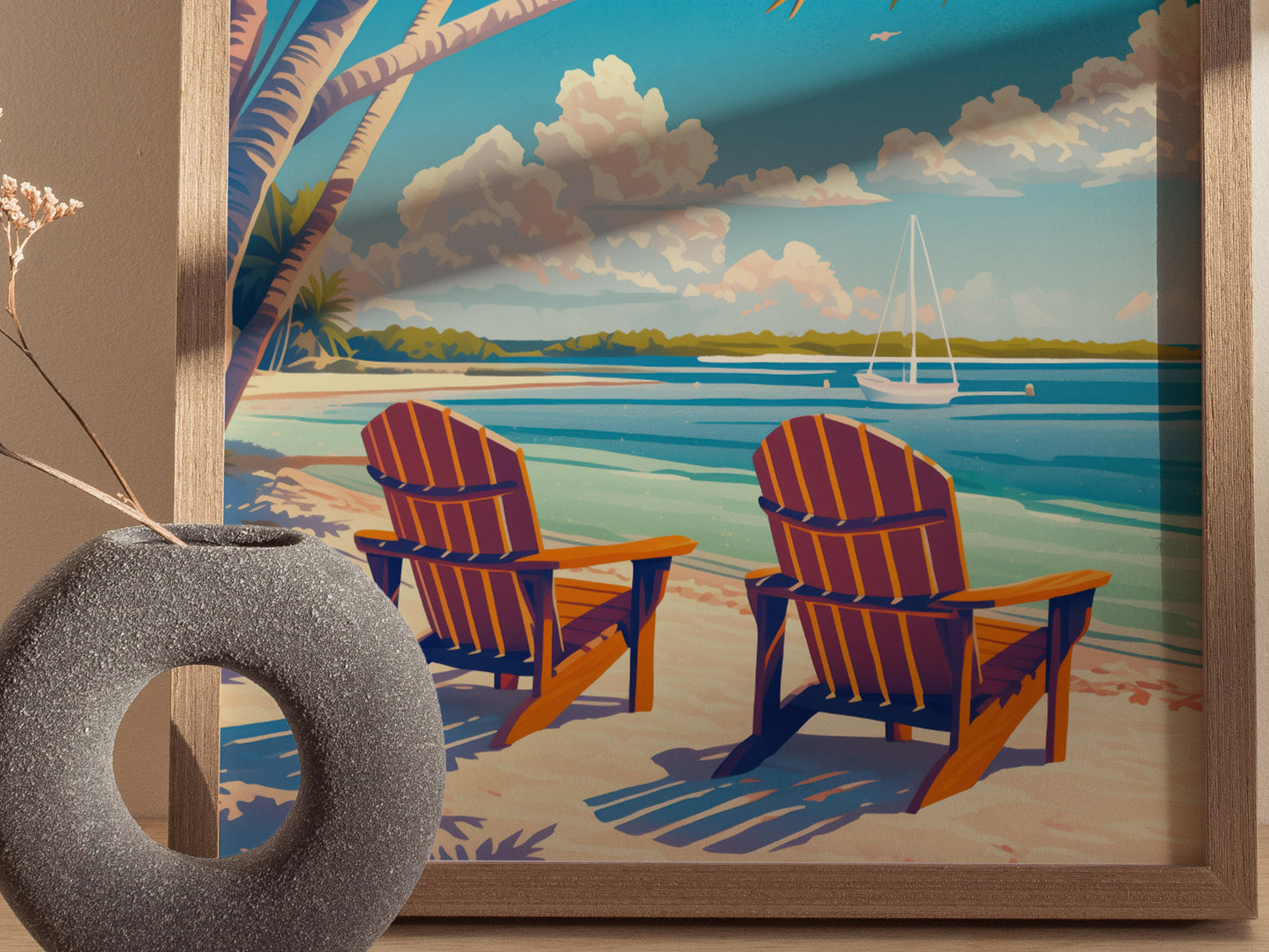 A framed poster depicts two colorful Adirondack chairs on a sandy beach with a sailboat on turquoise water, under a partly cloudy sky.