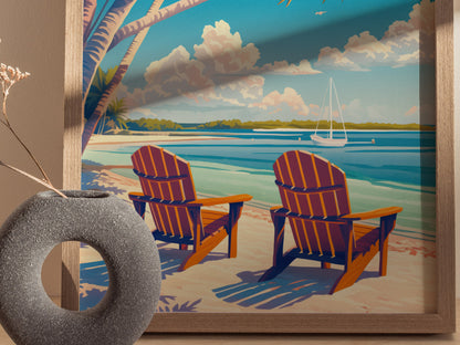 A framed poster depicts two colorful Adirondack chairs on a sandy beach with a sailboat on turquoise water, under a partly cloudy sky.