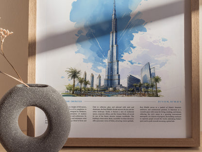 A framed poster of the Burj Khalifa features a watercolor illustration of the iconic skyscraper against a blue sky, with palm trees in the foreground.