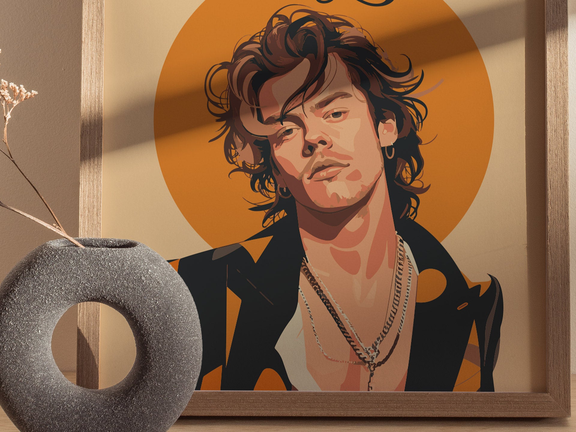 A framed illustration of a person with long hair, wearing layered necklaces and a patterned jacket, set against an orange circular background. A gray vase is visible in the foreground.