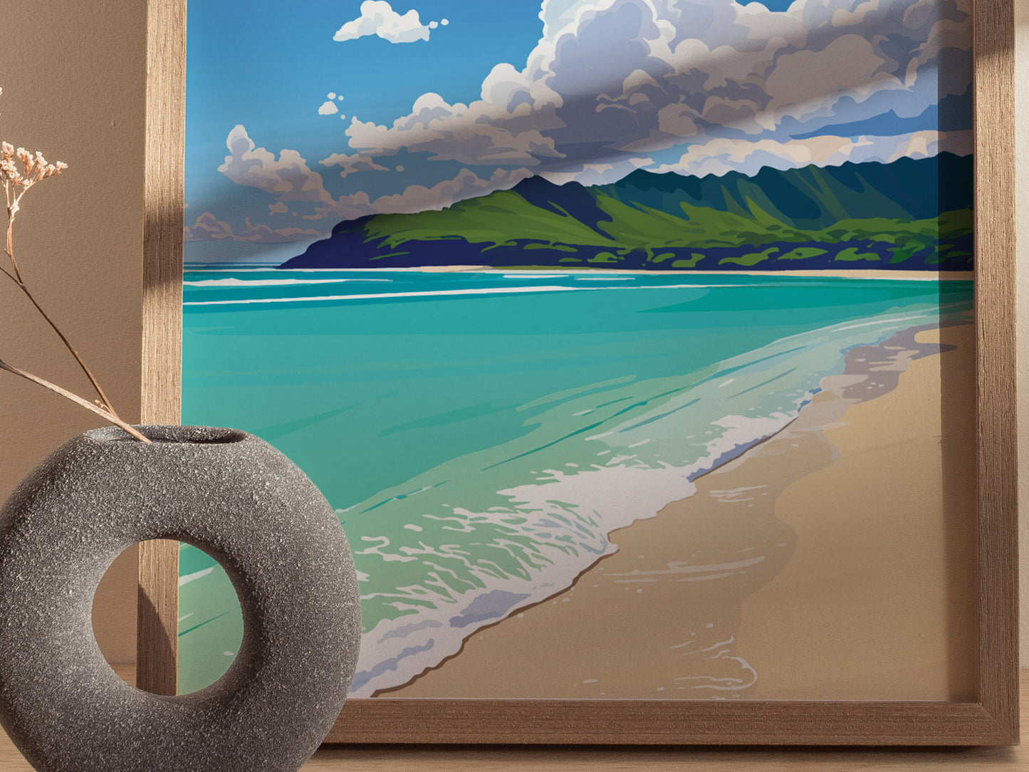 Sandy Beach Oahu Poster | Hawaii Tropical Beach Art | South Shore Print