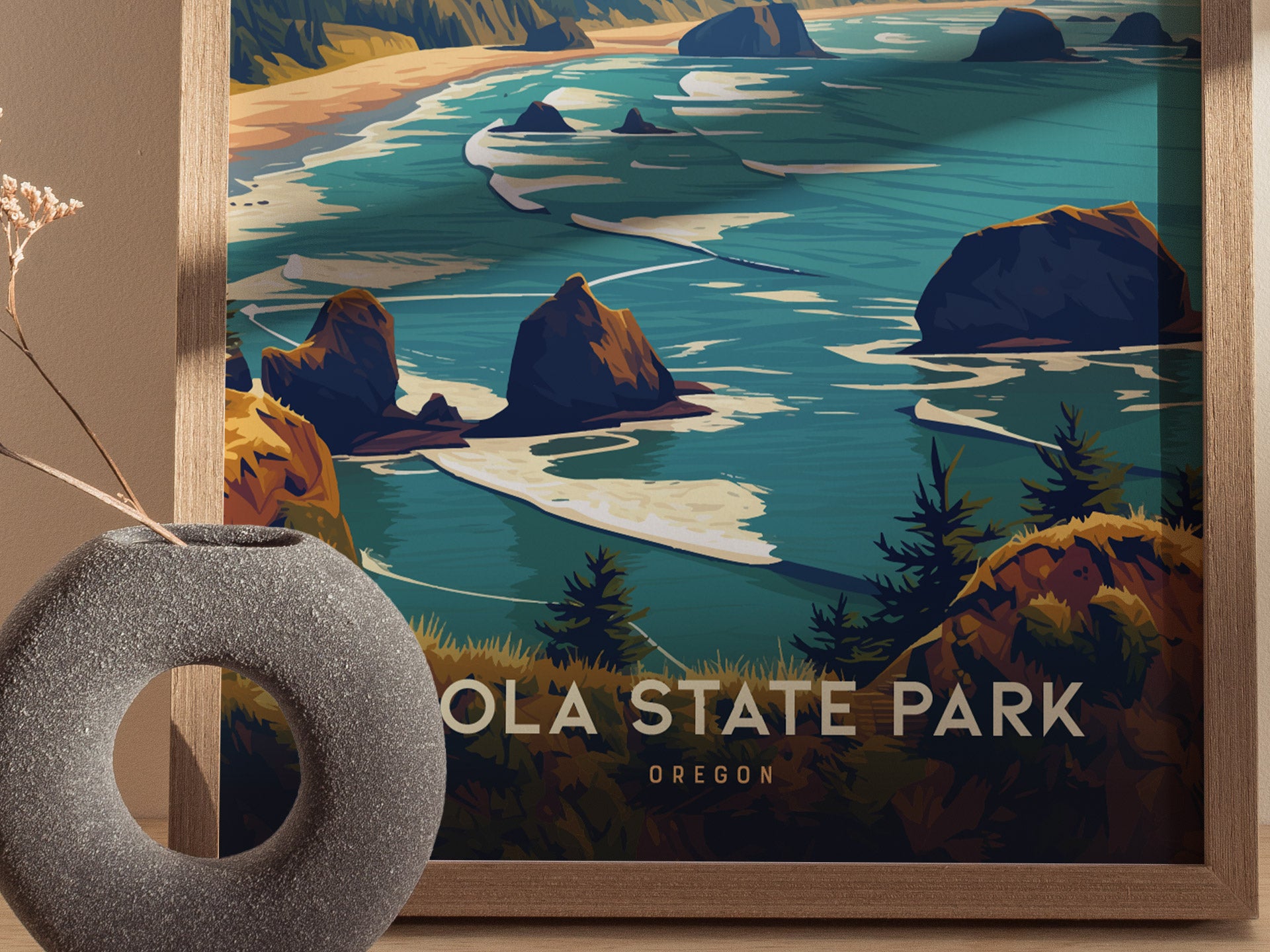 A colorful illustration of Ecola State Park featuring the Oregon coast with rocky cliffs, lush greenery, and the Pacific Ocean, framed in wood.