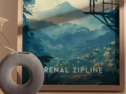 A vibrant poster of Arenal Zipline Adventure in Costa Rica features lush rainforest and a distant volcano. A decorative round vase is placed nearby.