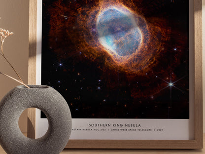 Close up of Southern Ring Nebula poster showing layered gas shells and twin central stars