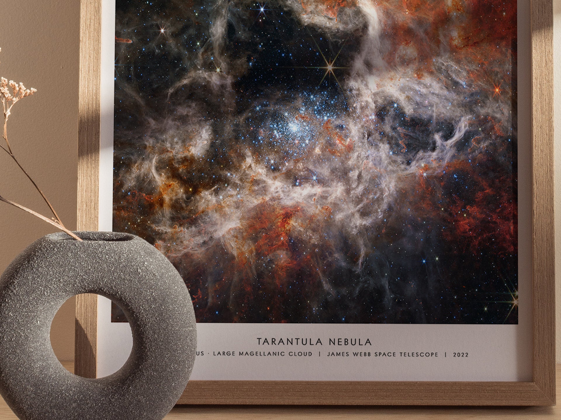 Close up of Tarantula Nebula poster showing dense star clusters and dusty filaments