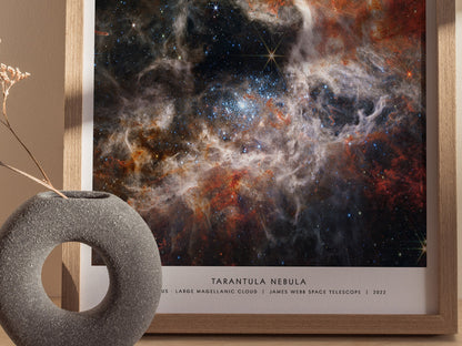 Close up of Tarantula Nebula poster showing dense star clusters and dusty filaments