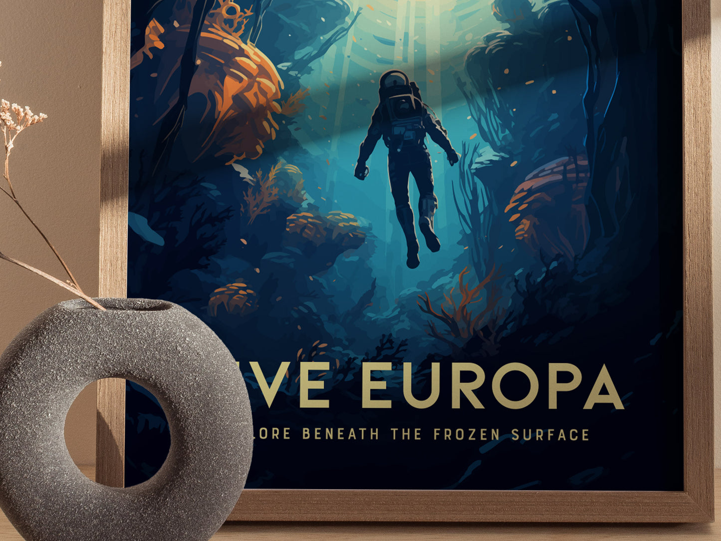 Dive Europa Poster | Jupiter Moon Space Exploration Wall Art | Framed or Unframed