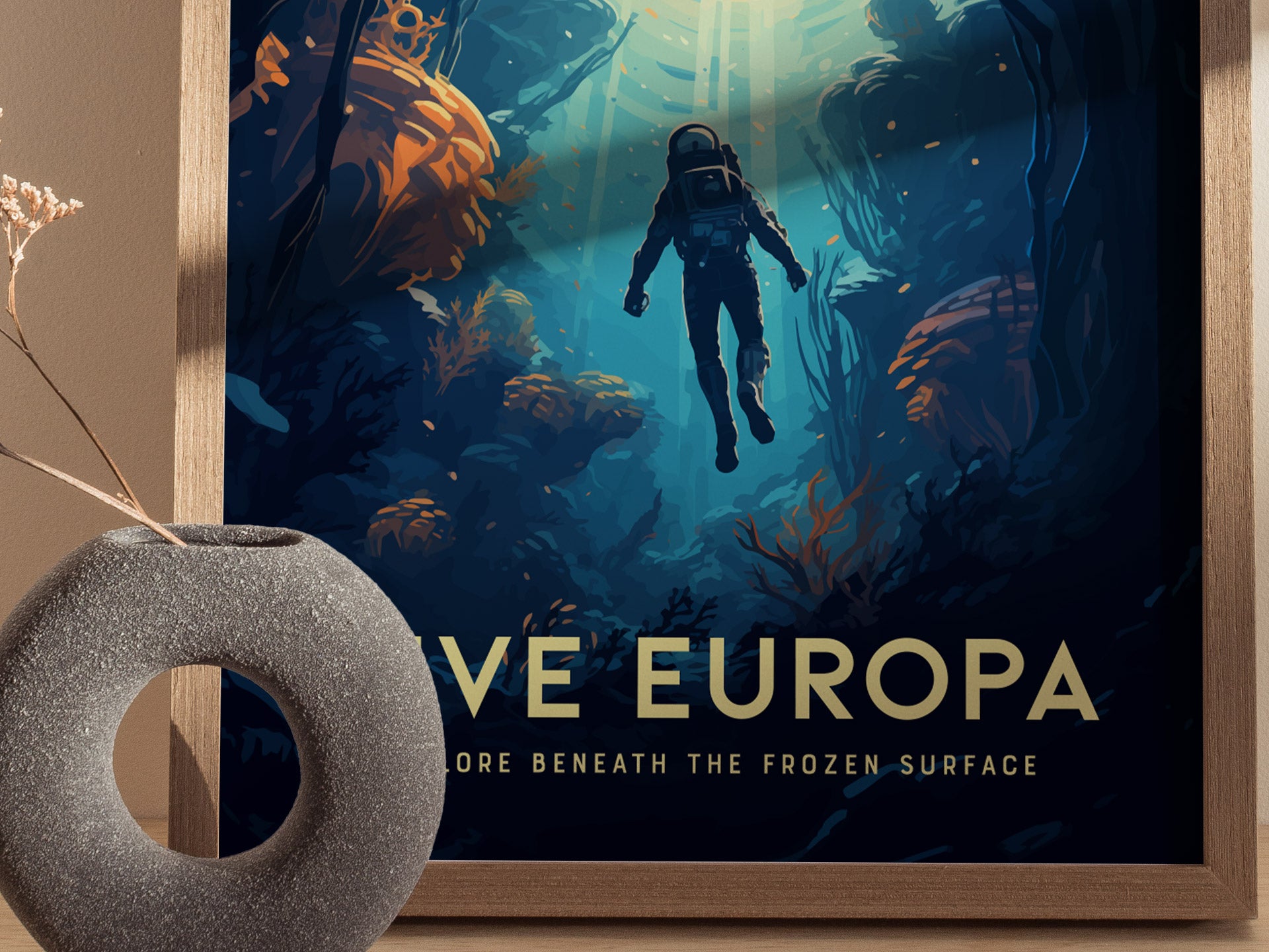 Dive Europa Poster | Jupiter Moon Space Exploration Wall Art | Framed or Unframed