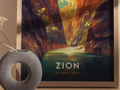 A framed poster of Zion National Parks The Narrows features vibrant red rock cliffs and green waters, with soft light illuminating the canyon. A gray circular vase sits nearby.