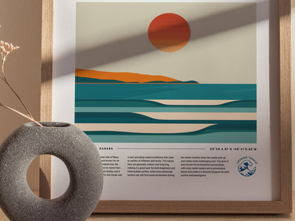 A minimalist art print of a sunset over teal ocean waves with an orange horizon, framed and placed next to a round, textured vase on a wooden surface.