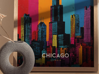Chicago Skyline Pop Art Poster | Warhol Style Illinois Travel Print | Framed or Unframed
