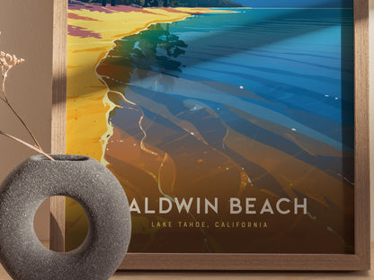 A framed artwork of Baldwin Beach, Lake Tahoe, features vibrant colors depicting the shoreline and clear waters. A circular stone vase with dried flowers is placed nearby.