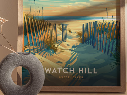 A framed poster depicts a sandy beach with a wooden fence and grass, leading to the ocean under a vibrant sky. A textured vase sits nearby.
