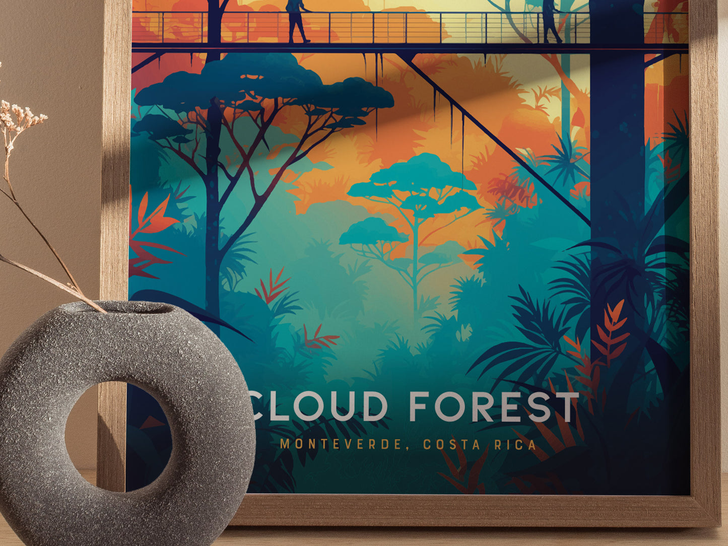 A vibrant poster of a cloud forest with a silhouette of a person walking on a canopy bridge, featuring lush foliage in teal and orange hues.
