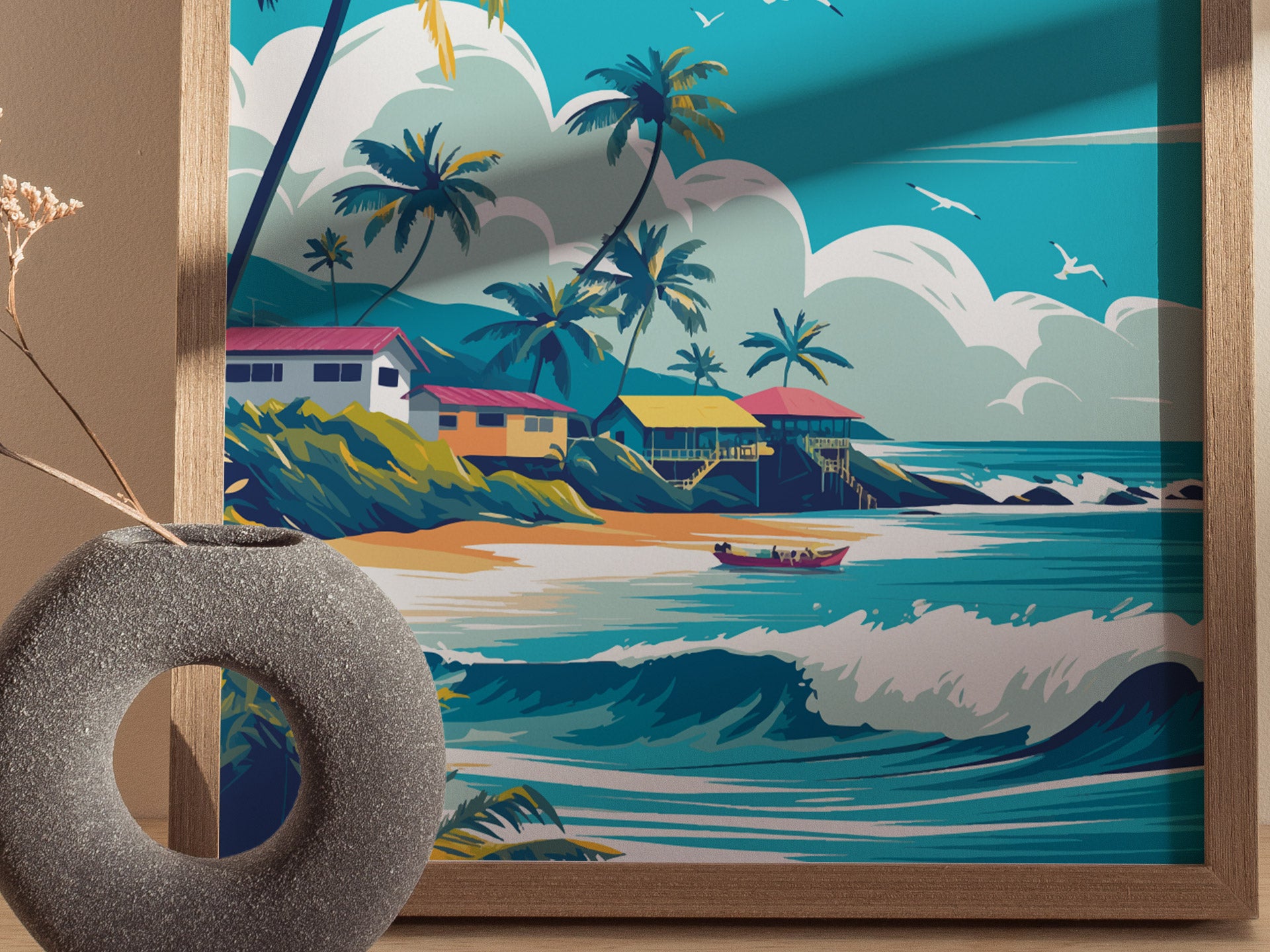 A vibrant surf art poster depicts a tropical beach scene with palm trees, colorful houses, and waves crashing on the shore, framed by a wooden border.