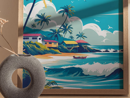 A vibrant surf art poster depicts a tropical beach scene with palm trees, colorful houses, and waves crashing on the shore, framed by a wooden border.