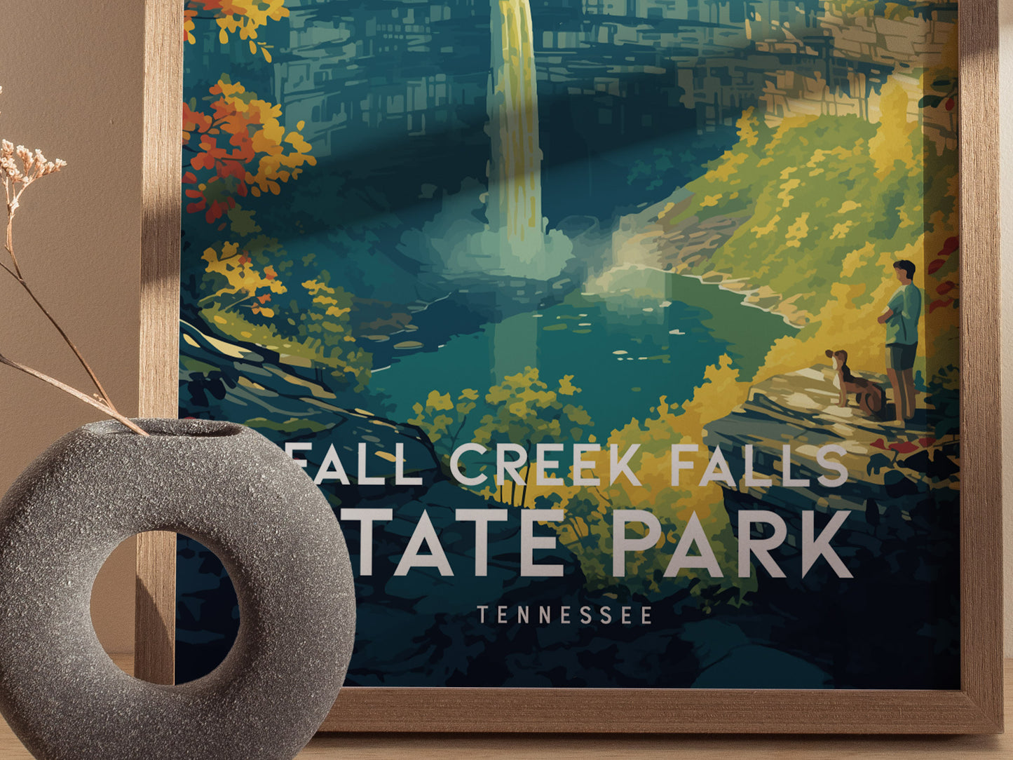 A colorful illustration depicts a hiker and their dog overlooking Fall Creek Falls in Tennessee, surrounded by vibrant autumn foliage. A round, textured vase sits in the foreground.