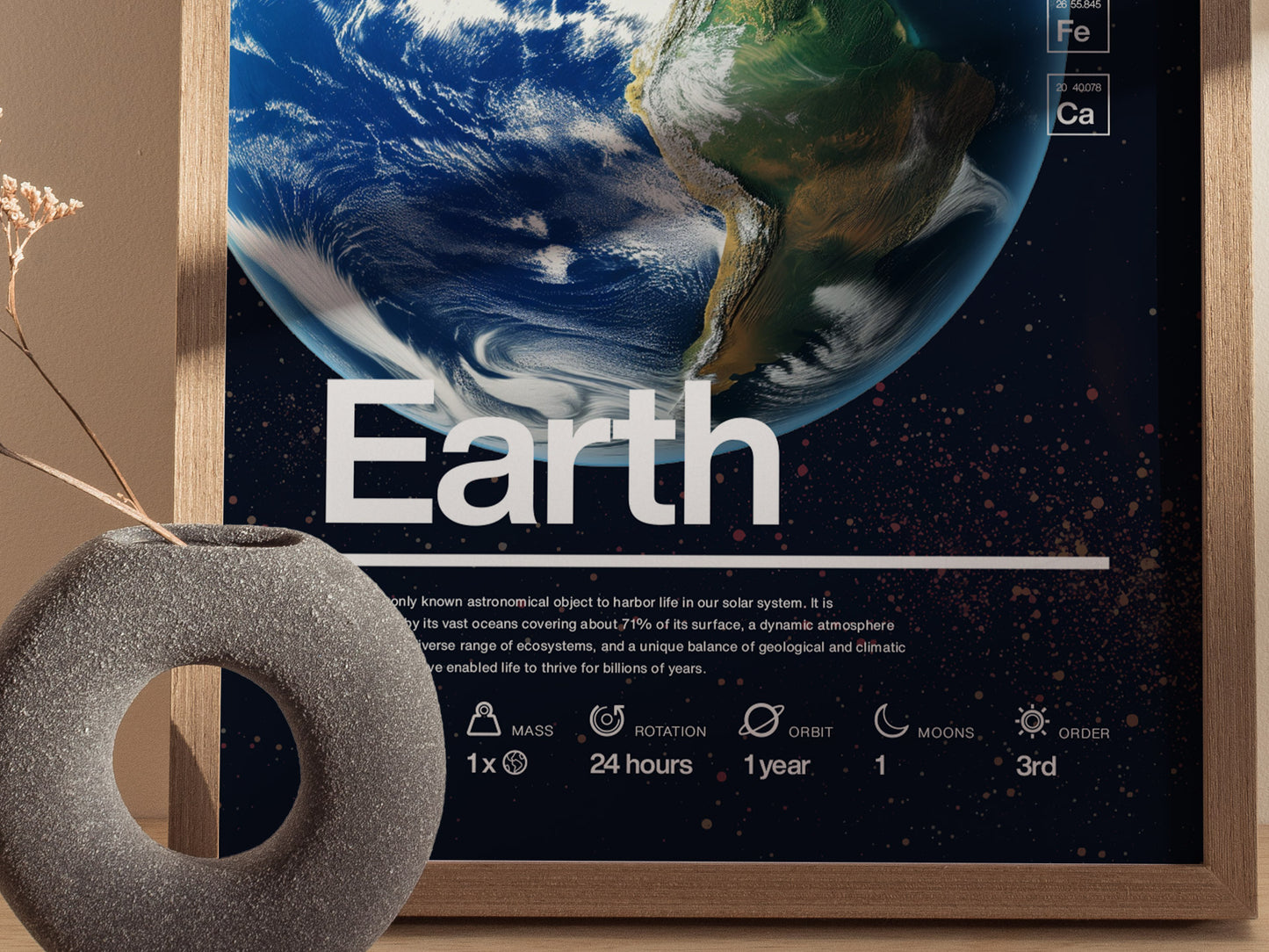 A framed poster of Earth showcases the planets detailed surface with data like mass, rotation, and orbit. A small stone vase with dried flowers is in the foreground.