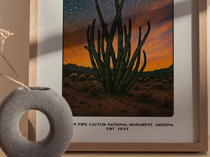 Close up of Organ Pipe Cactus poster showing tall cactus stems silhouetted against a sunset sky