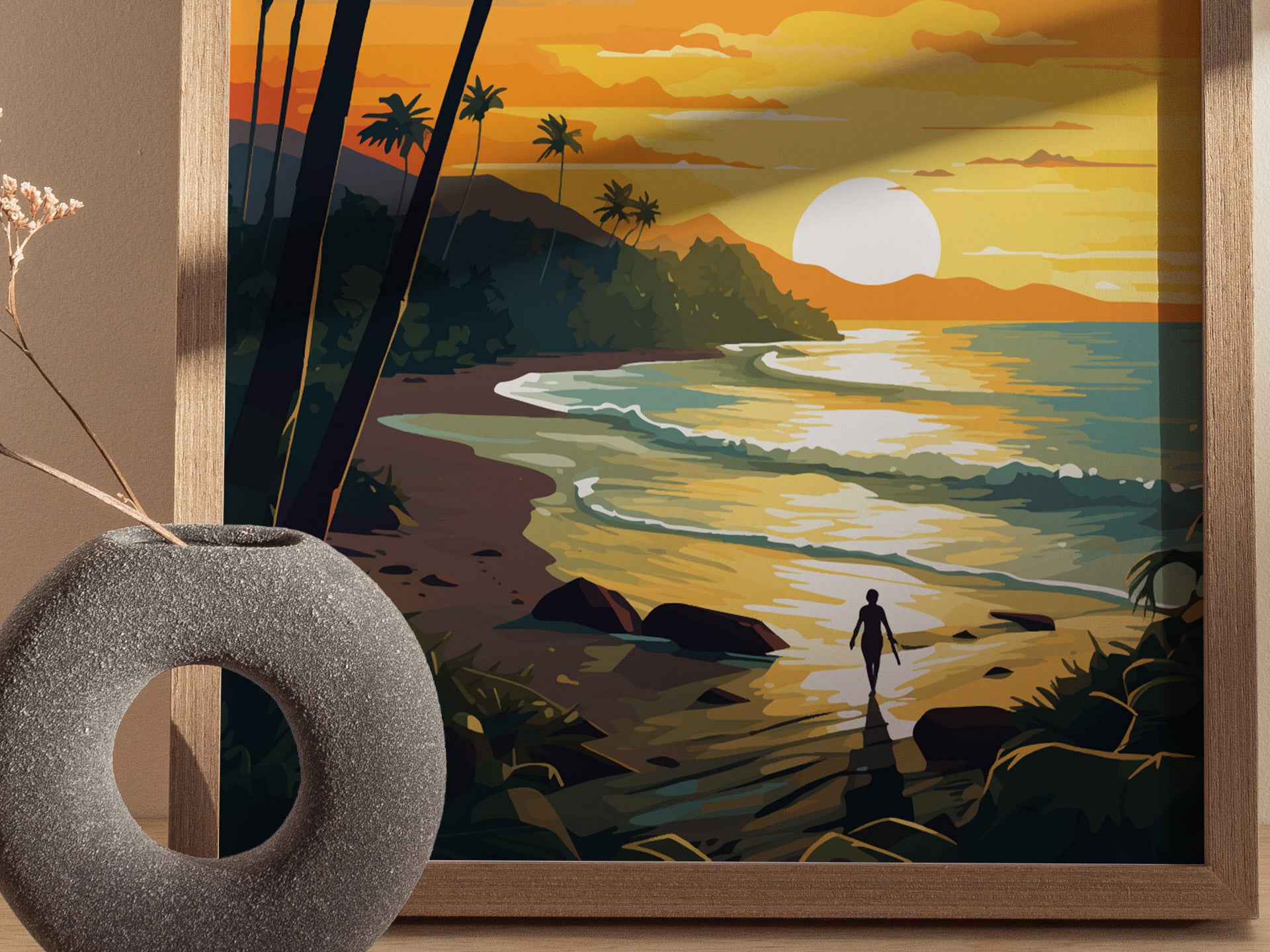 A framed art print depicts a vibrant sunset over a tropical beach, with palm trees and a lone figure walking along the shore. A round stone vase sits nearby.