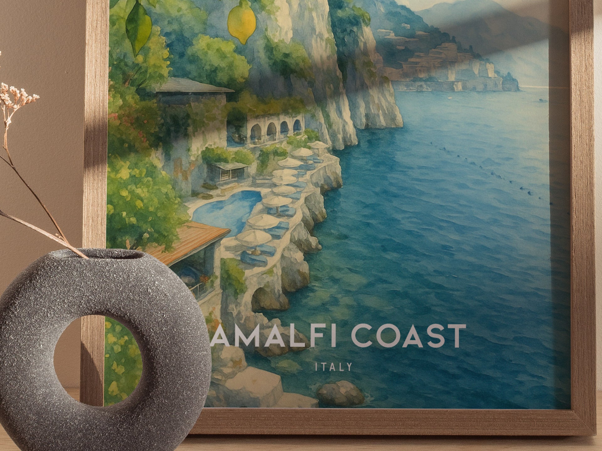 Amalfi Coast Italy Watercolor Travel Print | Hotel Santa Caterina Wall Art Poster | Framed or Unframed