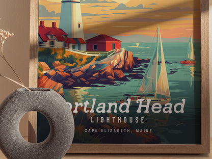 A framed poster depicts the Portland Head Lighthouse with a red-roofed keepers house on rocky cliffs, sailboats, and a vibrant sunset. A gray vase with dried flowers is nearby.
