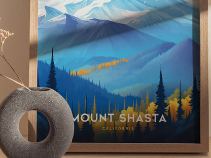 A framed Mount Shasta poster features a stylized depiction of the volcano with snow-capped peaks, vibrant blue and orange forested foothills.