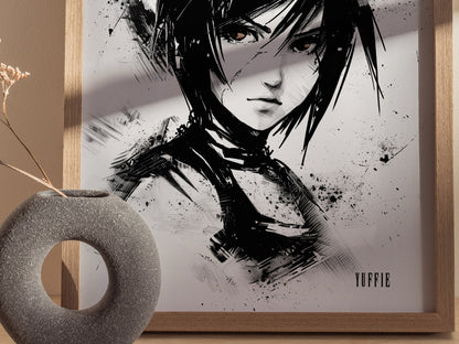 Close up of Yuffie FF7 poster showing brush stroke illustration and Wutai ninja details
