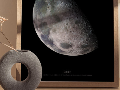 Close up of Moon poster highlighting craters, shadows, and subtle lunar surface textures